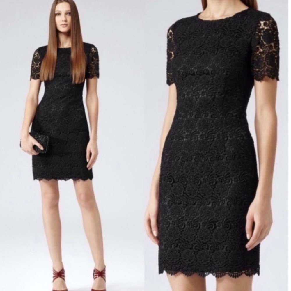 Reiss Swift Guipure Black Lace Short Sleeve Mini Dress size US 10 Medium